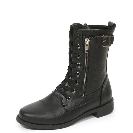Lace-Up Western Cowboy Boots With Side Zipper Shoes For Women