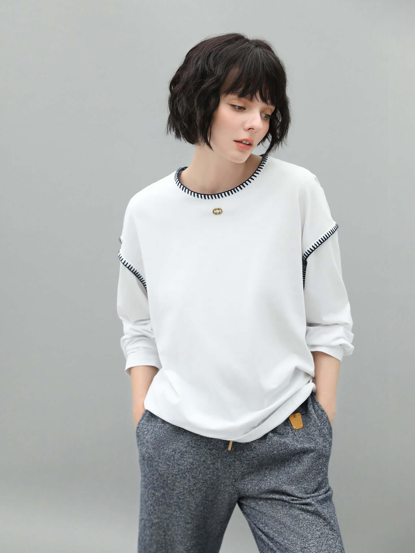 Long Sleeve Tee with Contrast Stitching-4