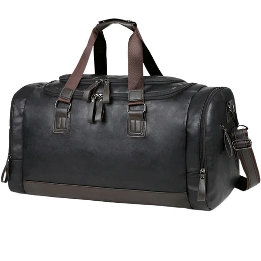 Men's Leather Business Travel Duffle Weekend Bag With Attachable Shoulder Strap