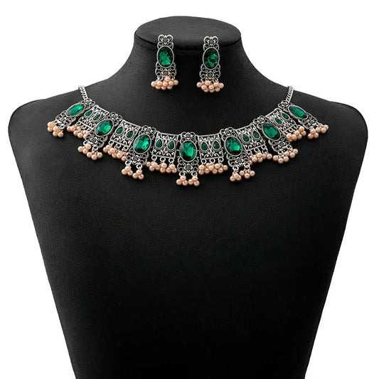 Vintage Emerald Earrings & Necklace Ethnic Style Square Tassel Bead Jewelry Set
