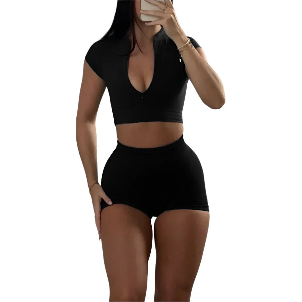 Sports Zipper Short-Sleeved Top And Shorts Two-Piece Gym Workout Outfit Clothing Set Suit For Women