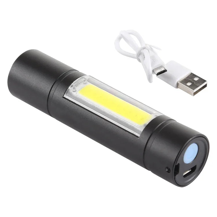 A1 USB-uppladdningsbar vattentät ficklampa med fast fokus, XPE + COB-ljus, 3 ljuslägen och förvaringslåda