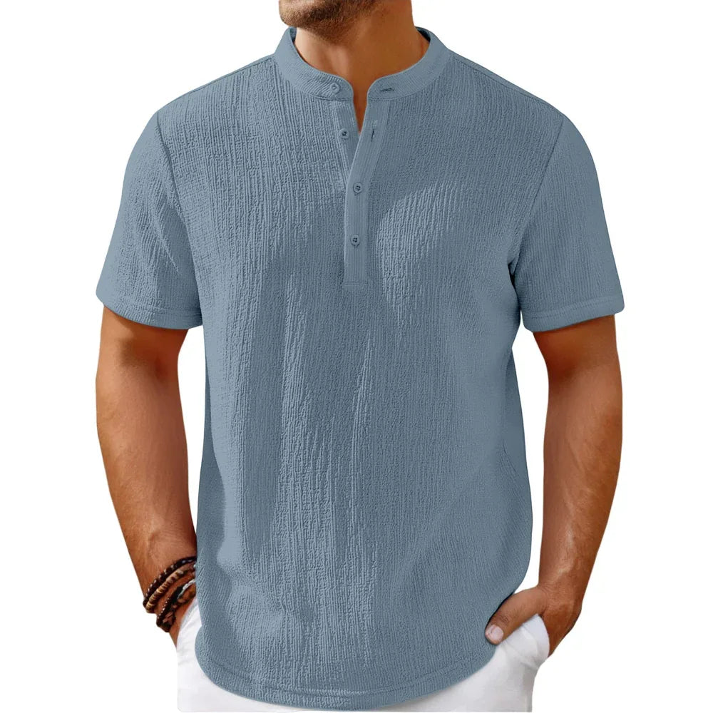 Men's Retro Cotton And Linen Striped Casual Loose Henley Shirt