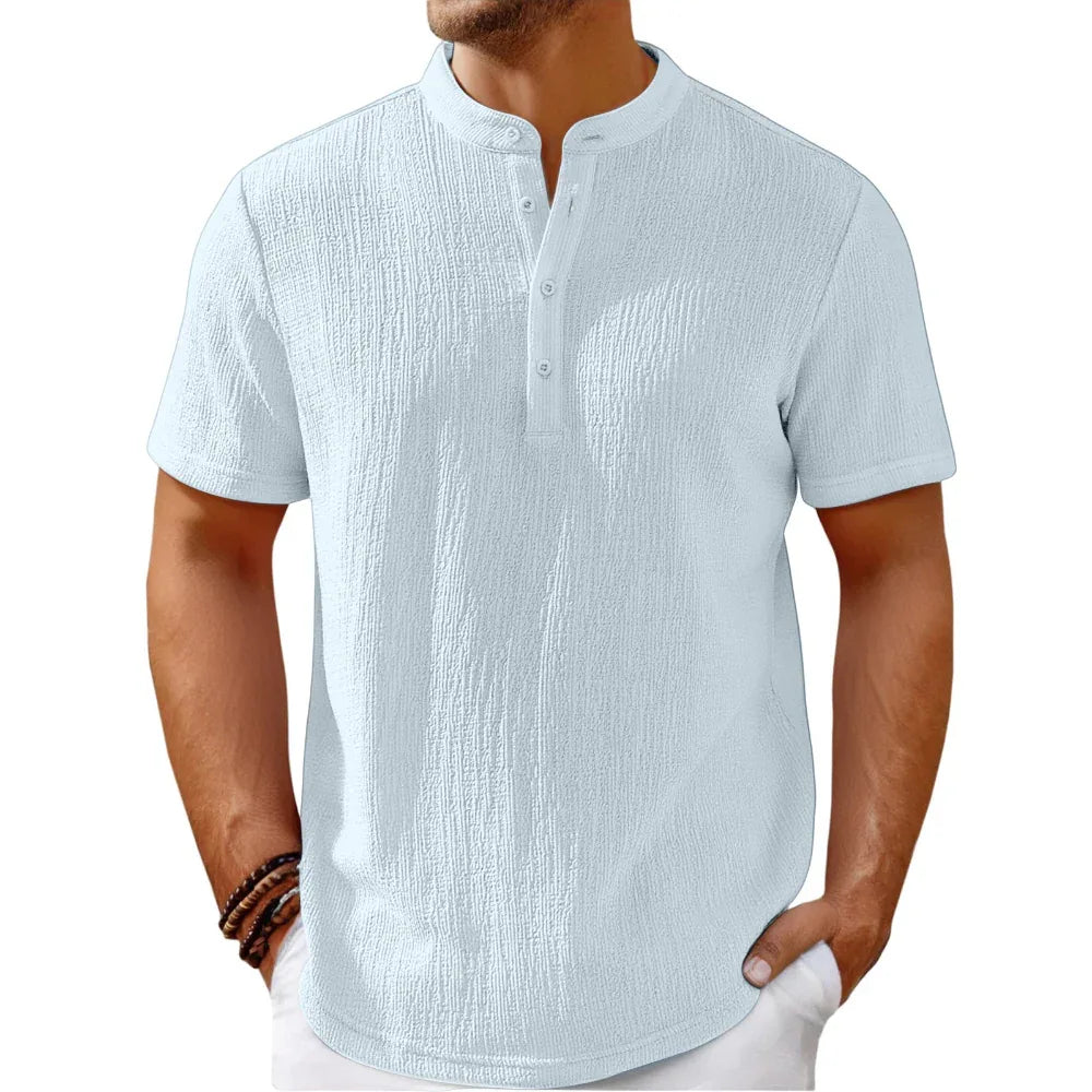 Men's Retro Cotton And Linen Striped Casual Loose Henley Shirt