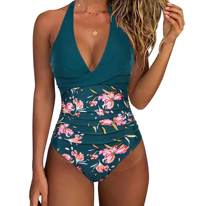 Cross Color Matching Tight One-Piece Swimsuit For Women