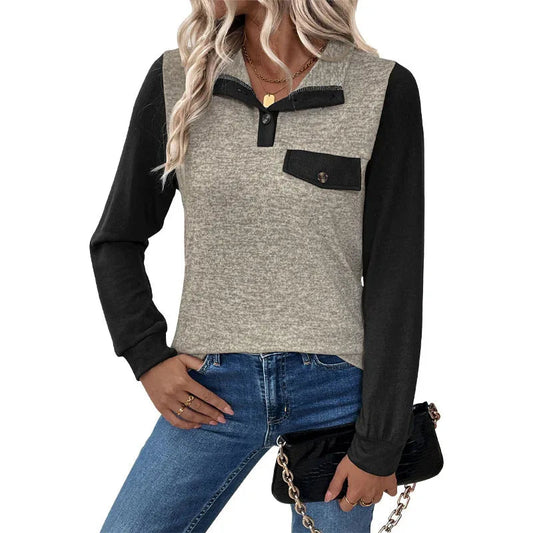 Women's Cardigan Button Color Stitching Stand-Collar Sweater