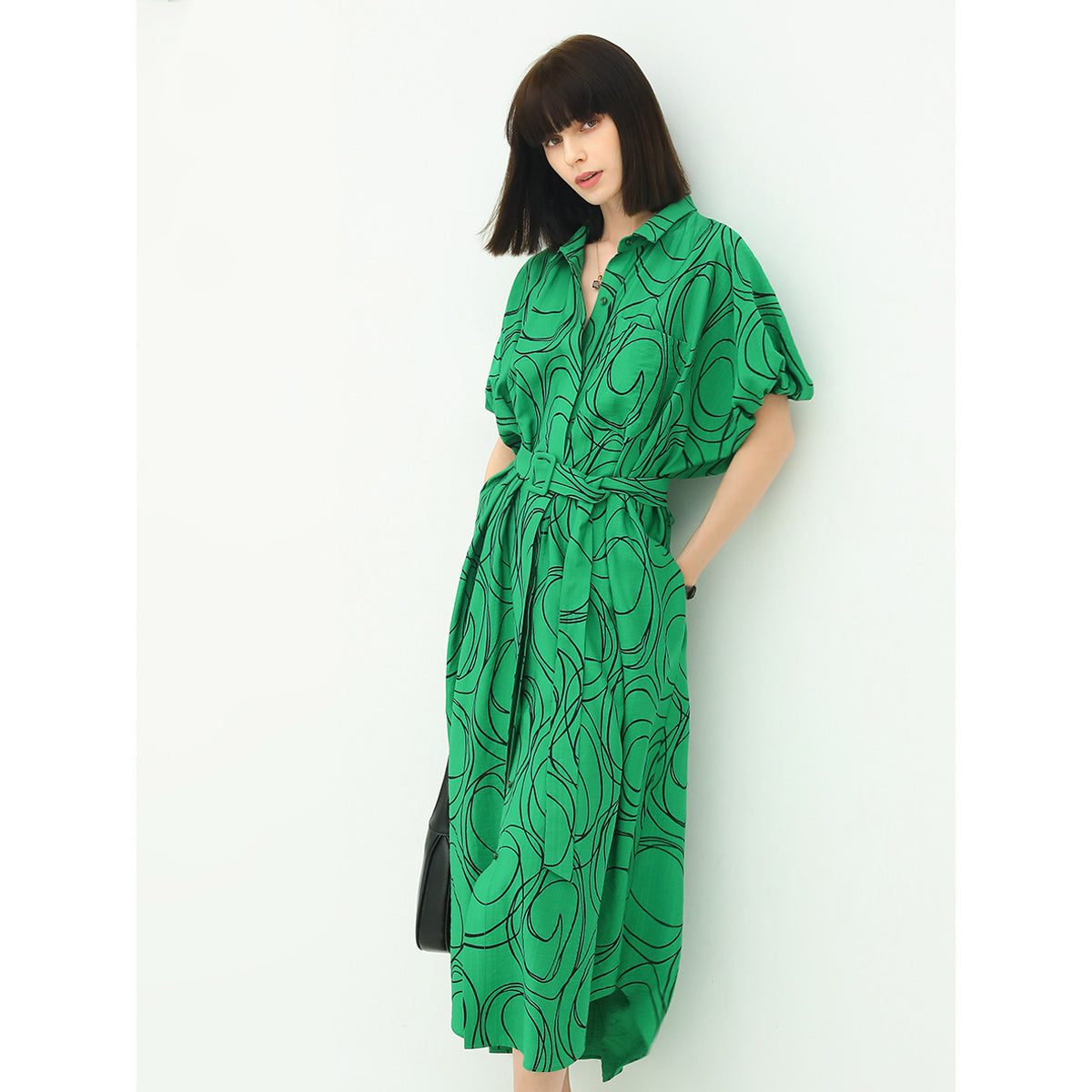 Corporate Puff Sleeved Belted Shirt Dress-5