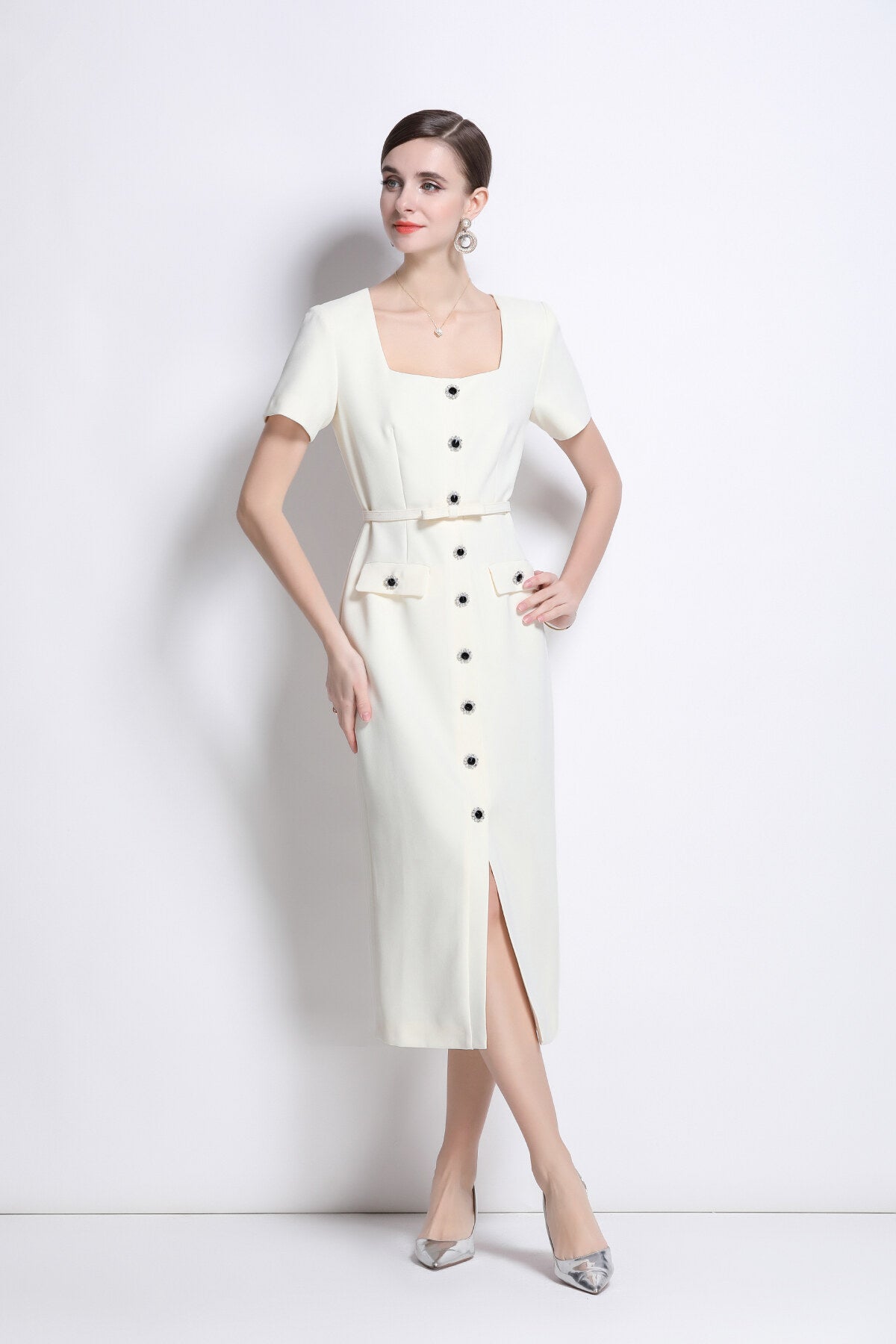 Daisy White Square Neck Short Sleeve Slim Fit Dress-1
