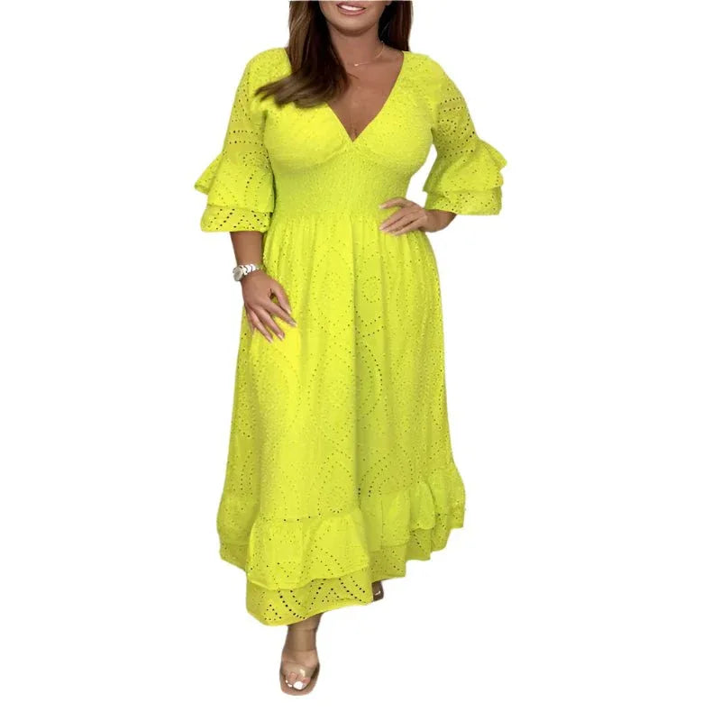 High Waisted Embroidered Solid V-Neck Dress