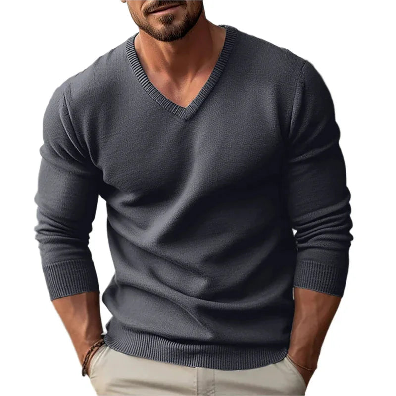 Knitted V-Neck Slim Fit Long Sleeve Sweater For Men