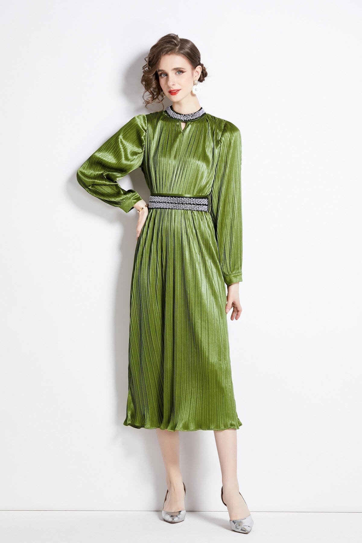 Lantern Sleeve Waist Tie Heavily Beaded Pleated Dress-0