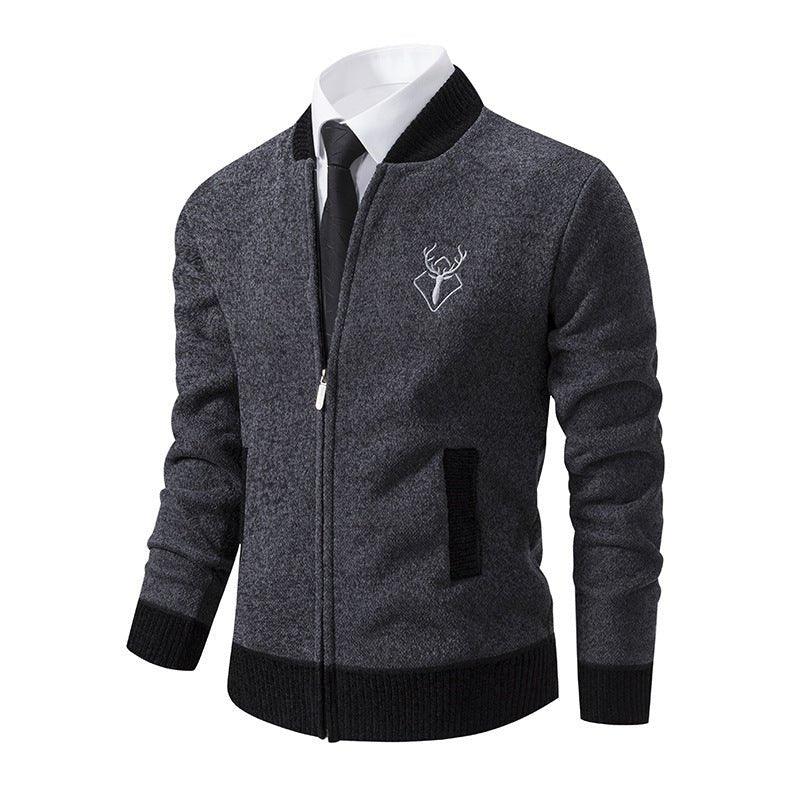 Men's Slim Stand Collar Elk Embroidered Sweater