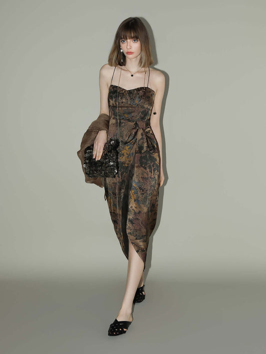 Oriental Gold Ruched Satin Print Slip Dress-0