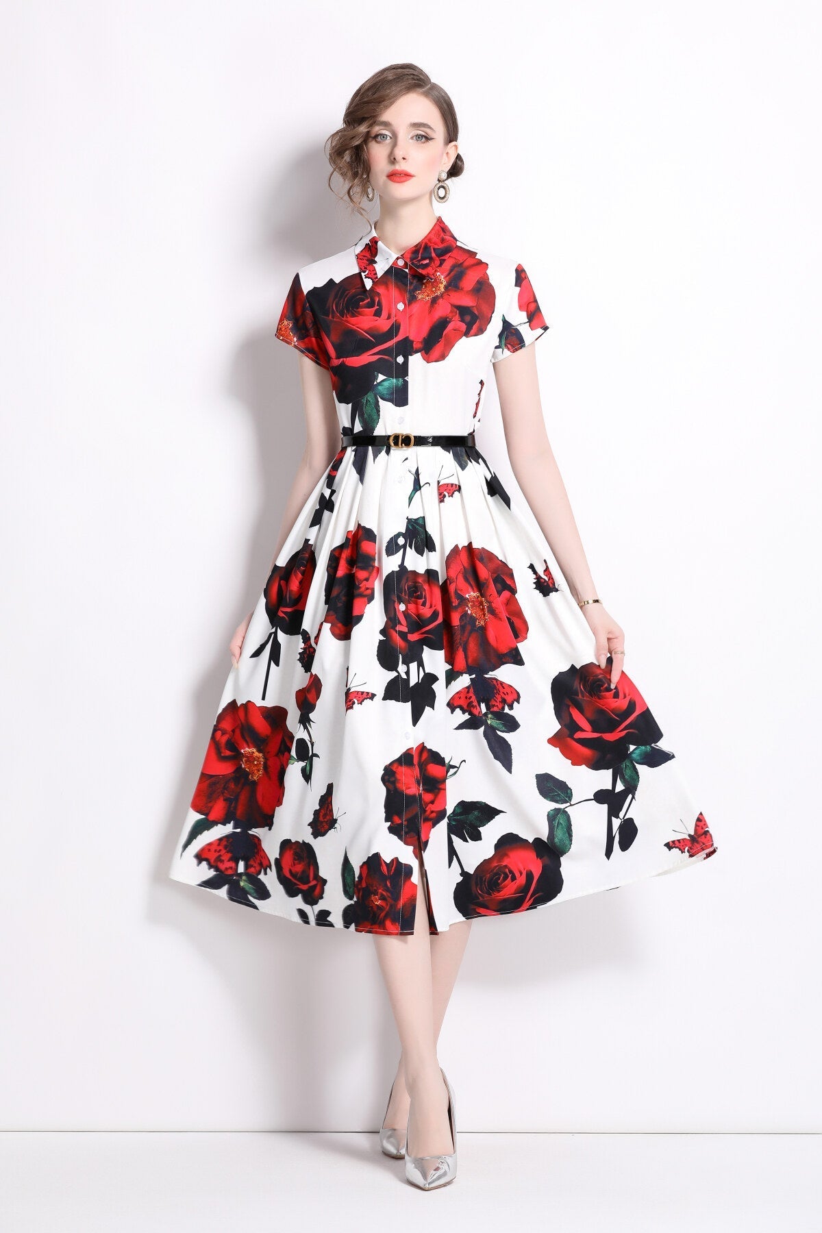 Romantic Rose Lapel Collar Shirt Dress-0