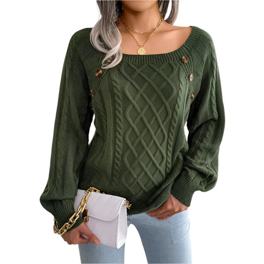 Square Neck Knitted Sweater With Button Design Winter Warm Long Sleeve Tops Women's Clothing