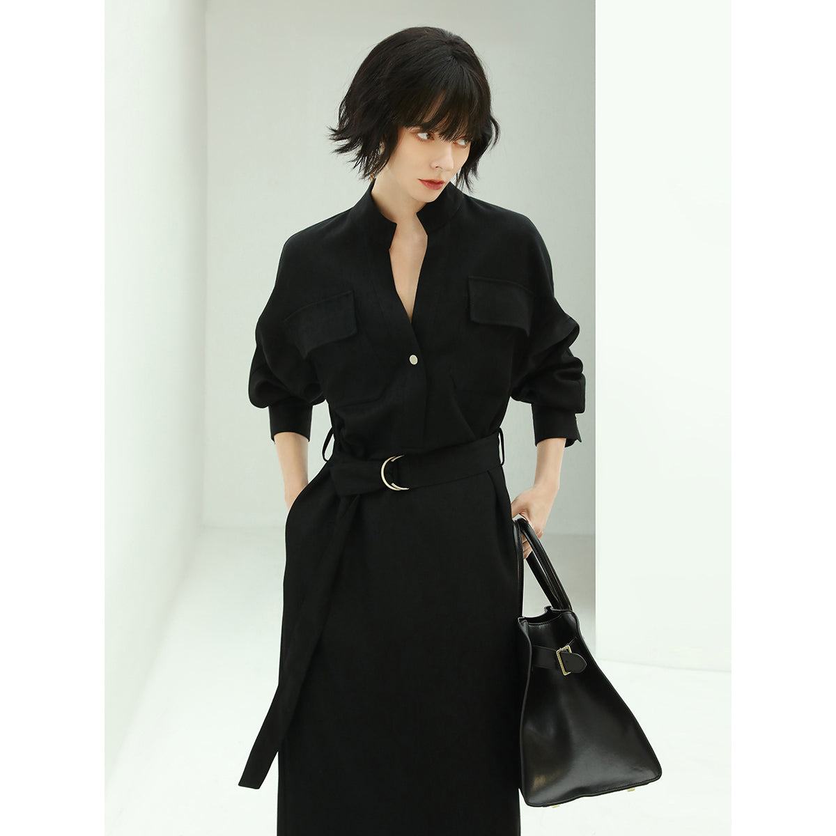 Structured Belted Black Shirt Dress-0