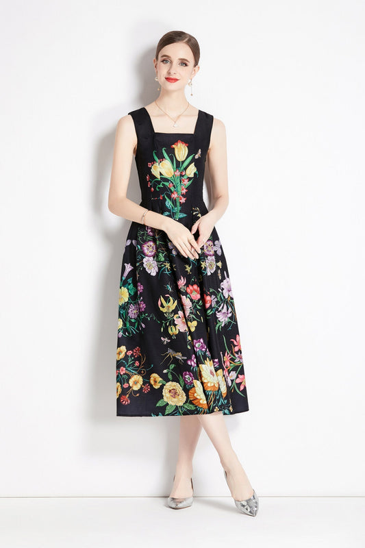 Vintage Black Floral High Waisted Spaghetti Strap Dress-0
